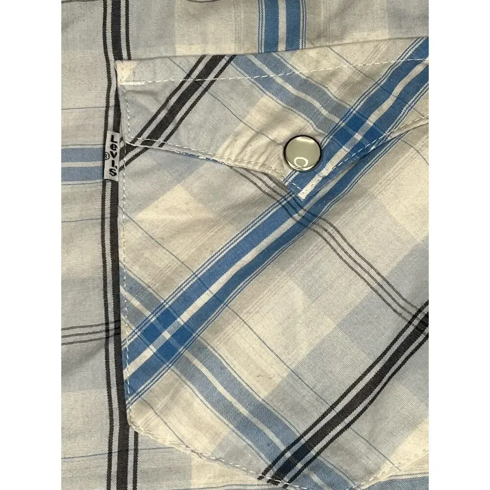 Levis Pearl Snap Plaid Short Sleeve Cotton Twill Shirt M Blue Black White